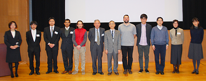 Group photo: Executive Vice President Okada, tenure-track faculty members and administrative staff