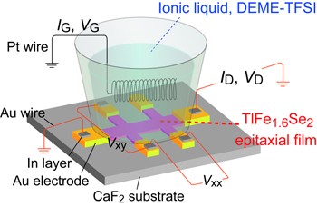 Schematic image of the electric-double-layer transistor (EDLT) using the TlFe1.6Se2 epitaxial film with a six-terminal Hall bar structure on a CaF2 substrate. VG was applied via a Pt counter-electrode through the ionic liquid, DEME-TFSI, contained in a silica-glass cup. Electrical contacts were formed using Au wires and In/Au metal pads.