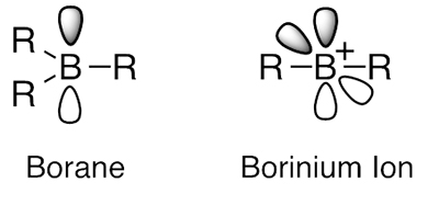 Fig. 2: Schematic structures of a neutral three-coordinate borane and a two-coordinate borinium ion.