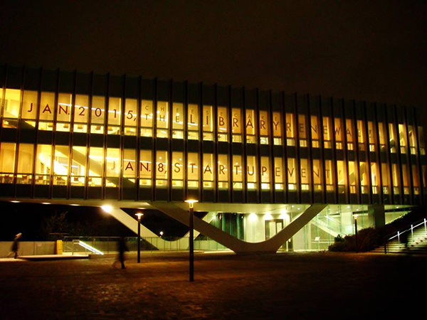 The lighted library announcing the renovation event
