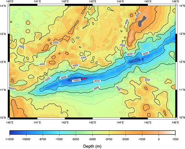 Ocean floor topography of the Challenger Deep, Mariana Trench