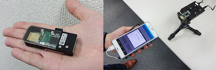 Photographs of a 60 GHz 6.1 Gbps wireless module (left) and of experimental setup for wireless transfer of files to a smartphone (right)