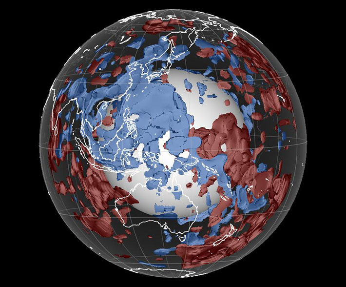 Figure 2 Peering into deep plate tectonics Seismic waves generated by earthquakes are aggregated to identify the fastest velocity (i.e. coldest, blue) and slowest velocity (i.e. hottest, red) regions of the mantle. Comparing results consistent between different data and techniques reveals that slabs of cold oceanic mantle bedrock, tectonic plates, pierce the mantle at subduction zones and plunge into the deepest mantle. This former oceanic rock is heated near the molten core-mantle boundary and rises back to the surface much like a lava lamp. Credit: Grace Shephard