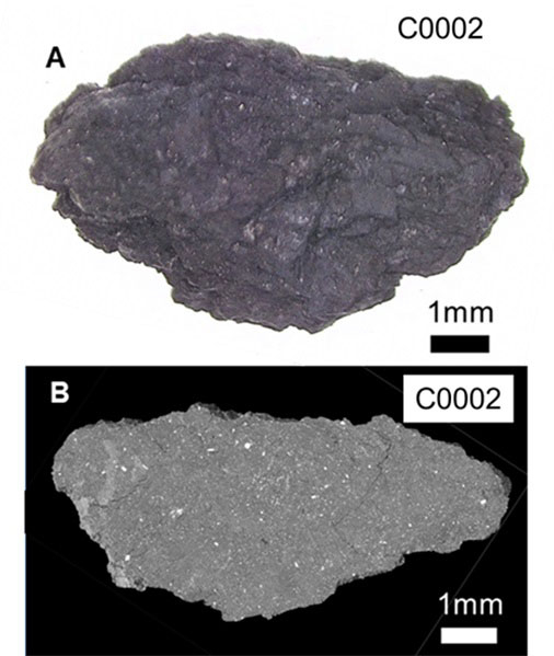 Figure 1. (A) Optical micrograph of the largest sample C0002 analyzed and (B) CT view of the interior of the sample obtained by synchrotron radiation X-ray CT analysis at SPring-8. It can be seen that the entire sample is composed of fine-grained material (gray). Credit: T. Nakamura et al. Science (2022)