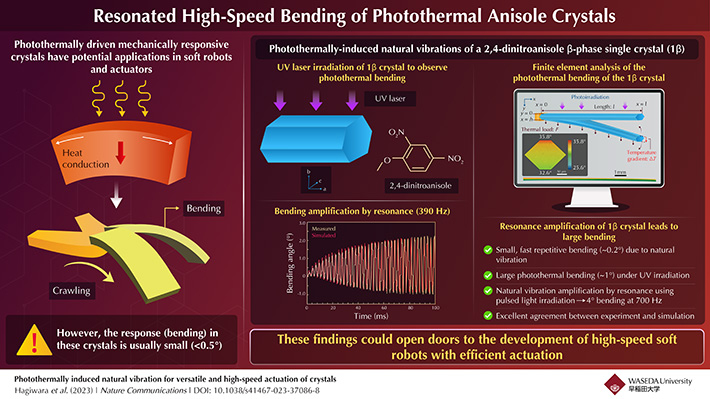  Enhancing the photothermally induced natural vibration of crystals via resonance with UV irradiation.　Credit: Dr. Hideko Koshima from Waseda University