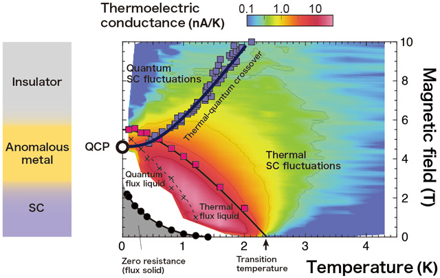 Figure 2 Color map of a thermoelectric signal that captures the fluctuations in superconductivity The full picture of fluctuations in superconductivity has been revealed over a wide magnetic field range and over a wide temperature range, from much higher than the superconducting transition temperature to very low temperature of 0.1 K. The existence of a crossover line between thermal (classical) and quantum fluctuations is demonstrated for the first time, and the quantum critical point where this line reaches absolute zero is found to exist inside the anomalous metallic region.