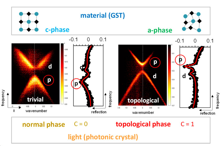 Figure 5. Photonic band structures measured by the angle-resolved reflection spectroscopy. As a result of the material phase transition of GST, the brightness of two bands is reversed, showing that the photonic topological phase transition takes place.