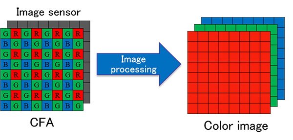 Color image acquisition using a single image sensor with a CFA.