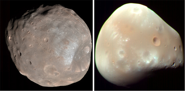 The pictures of Phobos (left) and Deimos (right). The sizes are not scaled. (Images from NASA/JPL-Caltech/University of Arizona)