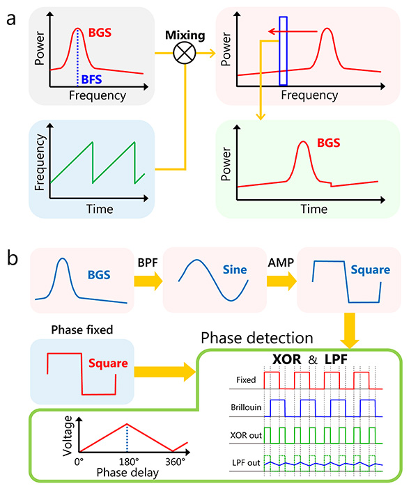 Principles of high-speed acquisition of Brillouin gain spectrum (BGS) and Brillouin frequency shift (BFS).