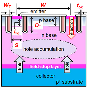 Trench gate IGBT schematic indicating the mesa width (S), gate length (Lg), and the oxide thickness in the MOSFET (tox), cell pitch (W), and the trench depth (DT).