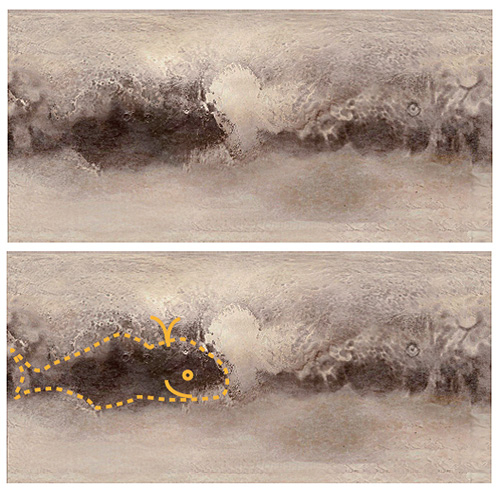 Mercator projection map of Pluto's image taken by New Horizons spacecraft (image from NASA/APL). The dotted curve on the lower panel schematically represents the dark and reddish whale-shaped region (Cthulhu Regio).