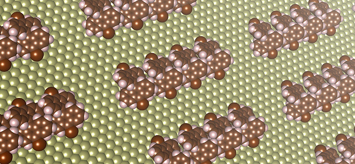 Formation of chain-shaped structures on a copper surface from molecular self-assembly, as predicted by a new computational method. These chain-shaped structures can function as tiny wires with diameters 1/100,000th of a piece of hair for future electrical devices.