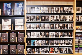 Postcards of Nobel Prize winners at museum shop