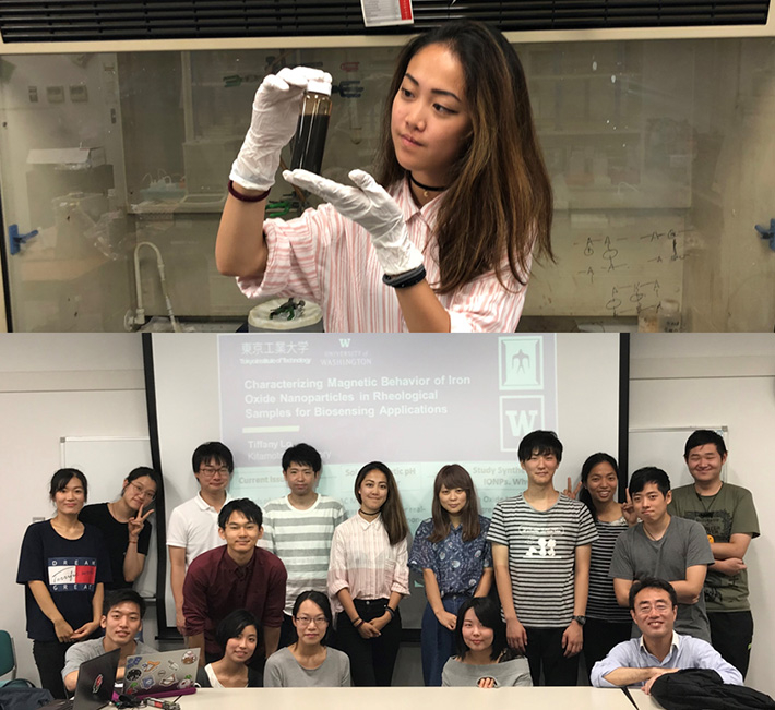 Above: Lo focused in the lab Below: Lo with lab mates and Kitamoto (front row, far right)