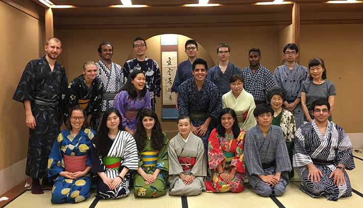 Summer Program participants in traditional Japanese dress for tea ceremony experience