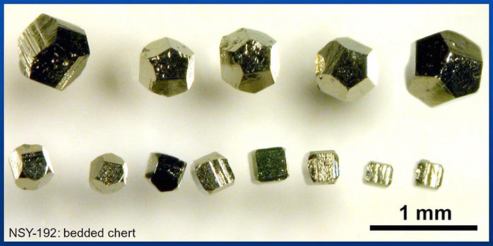 Figure 2. Sulfide is formed by microbes which use sulfate in their energy metabolism, and this can be trapped for billions of years in iron sulfide minerals like those of the FeS2 mineral pyrite in the photo. New research by Sim and colleagues shows the importance of an individual cellular enzyme in controlling the final mixture of sulfur isotopes in these minerals, in turn linking biochemistry, cell physiology, and the record of life on planet Earth. (Photo credit: Yuichiro Ueno, ELSI)