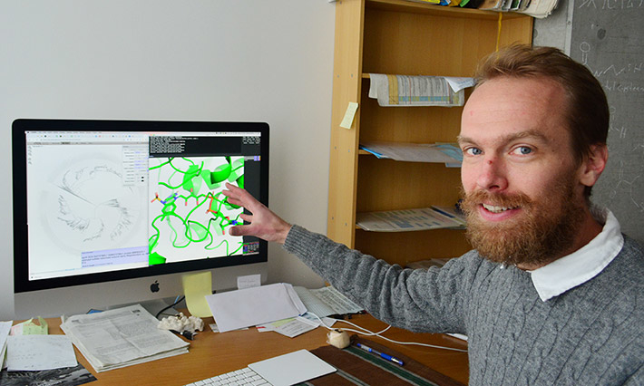 McGlynn explains that the sulfur atom of the APS molecule is reduced by the Apr enzyme, leading to the kinetic isotope fractionation reported in the paper.  (Photo credit: ELSI)