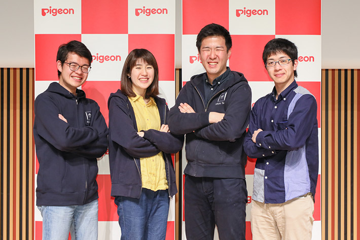 (from left): Kazuya Izawa, Satomi Ono, Hajime Fuijta, and Yuki Onishi — four of five Tokyo Tech students present during announcement of winners
