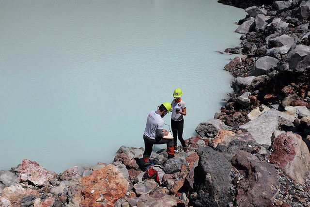 Material sampling by the research team. Credit: Katie Pratt