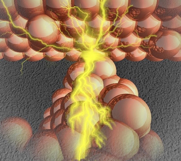 Conceptual image of a metallic filament inside an atomic switch