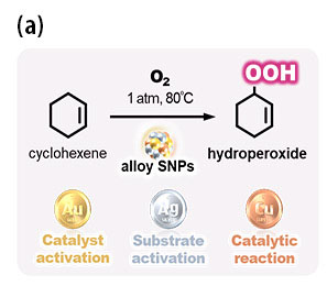 Selective generation of hydroperoxide from hydrocarbon catalyzed by alloy SNPs composed of metals with individual roles (a).