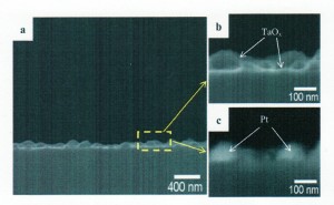 Cross sectional images of SEM (a, b) and BSEM (c) of Pt/TaO<sub>x</sub> catalyst on GC electrode