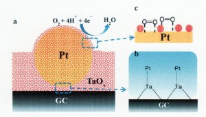 Schematic illustrations of (a) TaO<sub>x</sub>-capped Pt nanoparticle within a TaO<sub>x</sub> framework, (b) bonding formation of Ta with GC and Pt, and (c) O<sub>2</sub> adsorption on Pt-TaO<sub>x</sub> surfaceTaO<sub>x</sub>