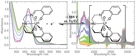 The pentadentate Schiff base ligand fully chelates equatorial coordination sites of UVIO22+, resulting...