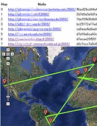 The route on an overlay network portrayed here consists of more than 500 computers