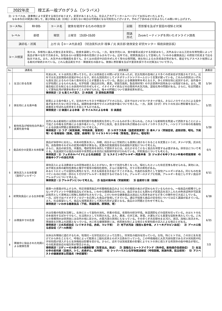 2022年度理工系一般プログラム「健康を維持するための衛生学」2022年5月開講