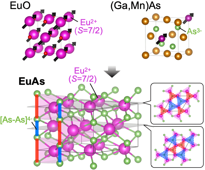 図1 （上）代表的な磁性半導体である(Ga,Mn)AsとEuOの結晶構造。（下）本研究で対象としたEuAsの結晶構造。巨大なスピンを持つEu2+イオンが、異なる大きさの三角形からなる三角格子をなす。
