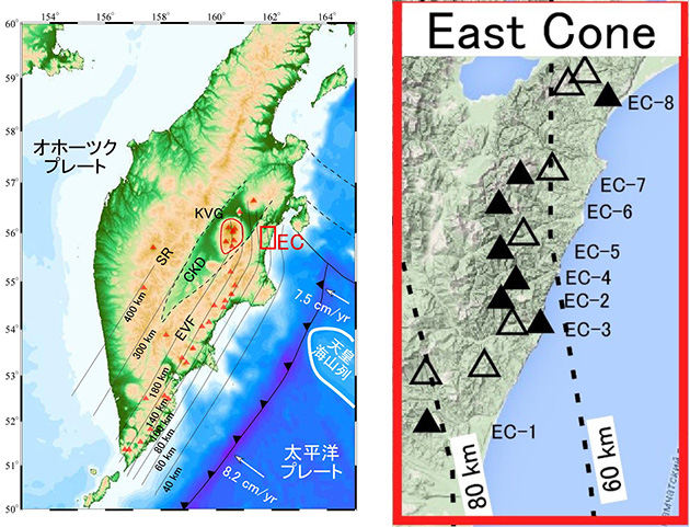 カムチャッカ半島のテクトニクスセッティングと調査地域。