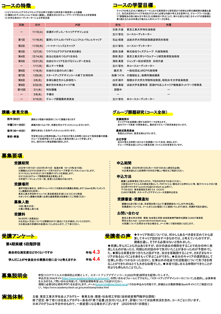 東工大キャリアアップMOT「2022年度 スタートアップデザインコース（第5期）」受講生募集