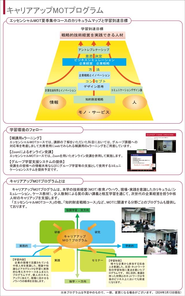 東工大キャリアアップMOT「エッセンシャルMOT夏季集中コース（2024年度）」受講生募集