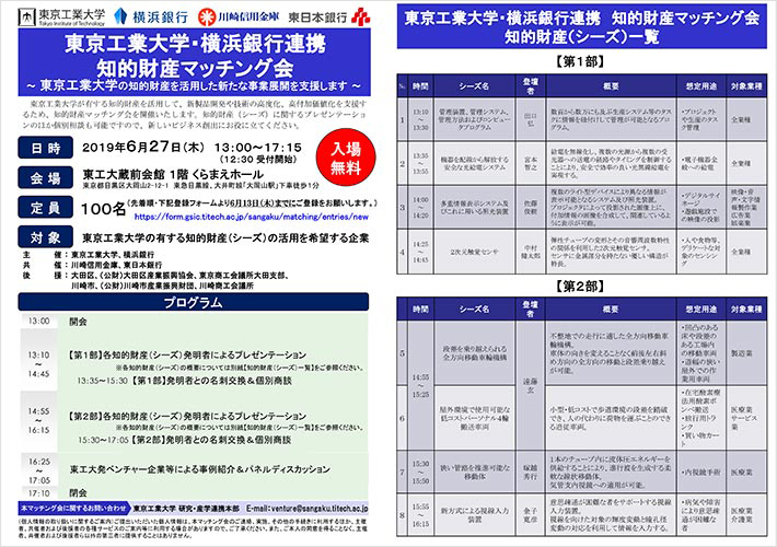 東京工業大学・横浜銀行連携知的財産マッチング会 チラシ