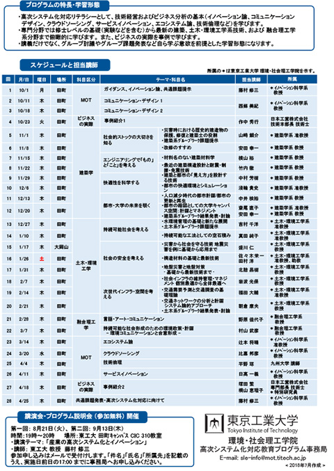 2018年度 高次システム化対応教育プログラム「建築・土木関連ビジネスの技術経営(MOT)講座」 パンフレット 裏