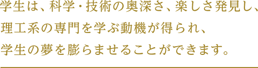 学生は、科学・技術の奥深さ、楽しさ発見し、理工系の専門を学ぶ動機が得られ、学生の夢を膨らませることができます。