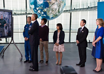 In front of the Geo-Cosmos exhibition; Ms Koizumi, third from right