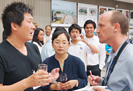 Interviewing attendees at the exchange party