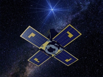 A computer generated image of TSUBAME. The high speed attitude control using CMGs  enabled observations of explosive GRBs in space.
