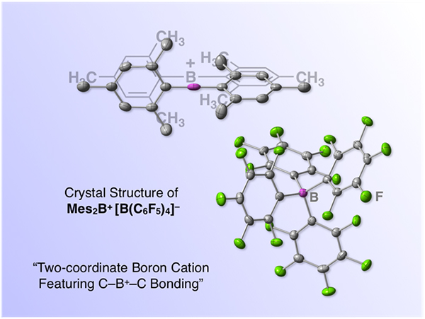 Fig. 1: A boron-based molecular super Lewis acid, "borinium ion" salt.  This salt consists of a two-coordinate borinium ion and a four-coordinate borate anion.