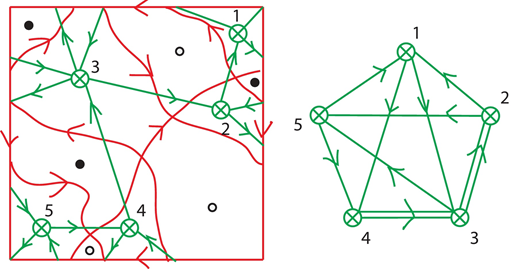 A two-dimensional torus (the square shown on the left figure) is divided by paths into regions represented by black, white and green vertices. The right figure shows the corresponding quiver.