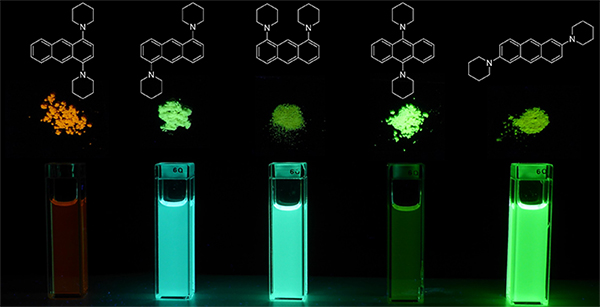 Fluorescence of bis(piperidyl)anthracenes in solution and bulk.