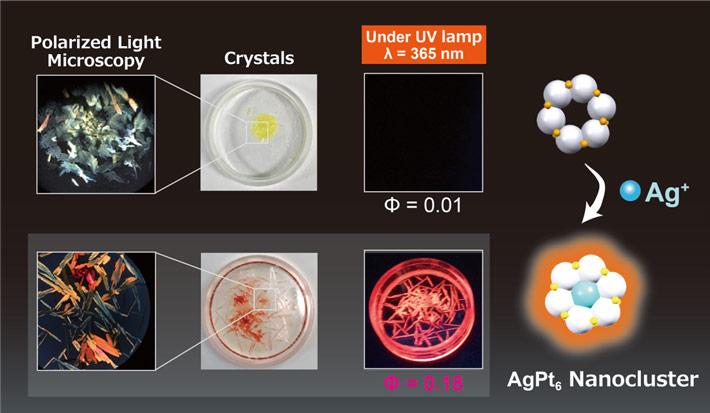 Figure 1. Photoluminescence of the silver doped platinum thiolate complex versus that without sivler doping.