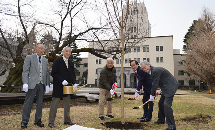 President Kazuya Masu (2nd from right), EVP Isao Satoh (far right), members of local associations planting sakura sapling