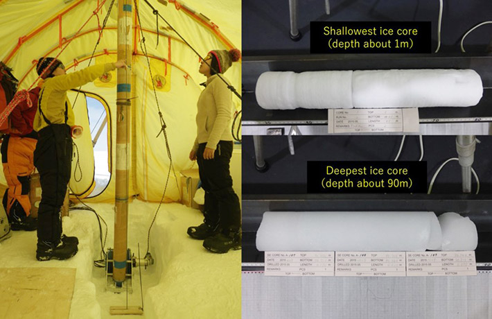 The researchers in the drilling operation (left) and the drilled samples (right). Credit: Hokkaido University