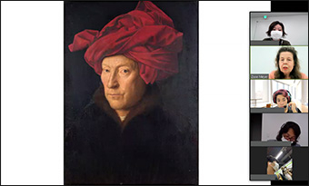 Discussing Jan van Eyck's work during lecture