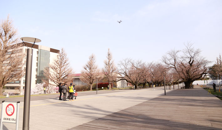 Drone used to capture aerial video footage of Tokyo Tech's campus buildings