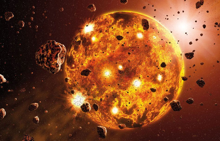 Figure 1 Artist Impression of Accretion Molten Earth formed by the impacts of many small asteroids. Credit: Alan Brandon/Nature